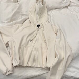 ALO white/cream power hour faux leather zip up jacket with hood NEW size small